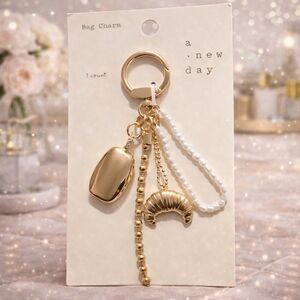A New Day Gold Croissant & Pearl Bead Keychain Charm